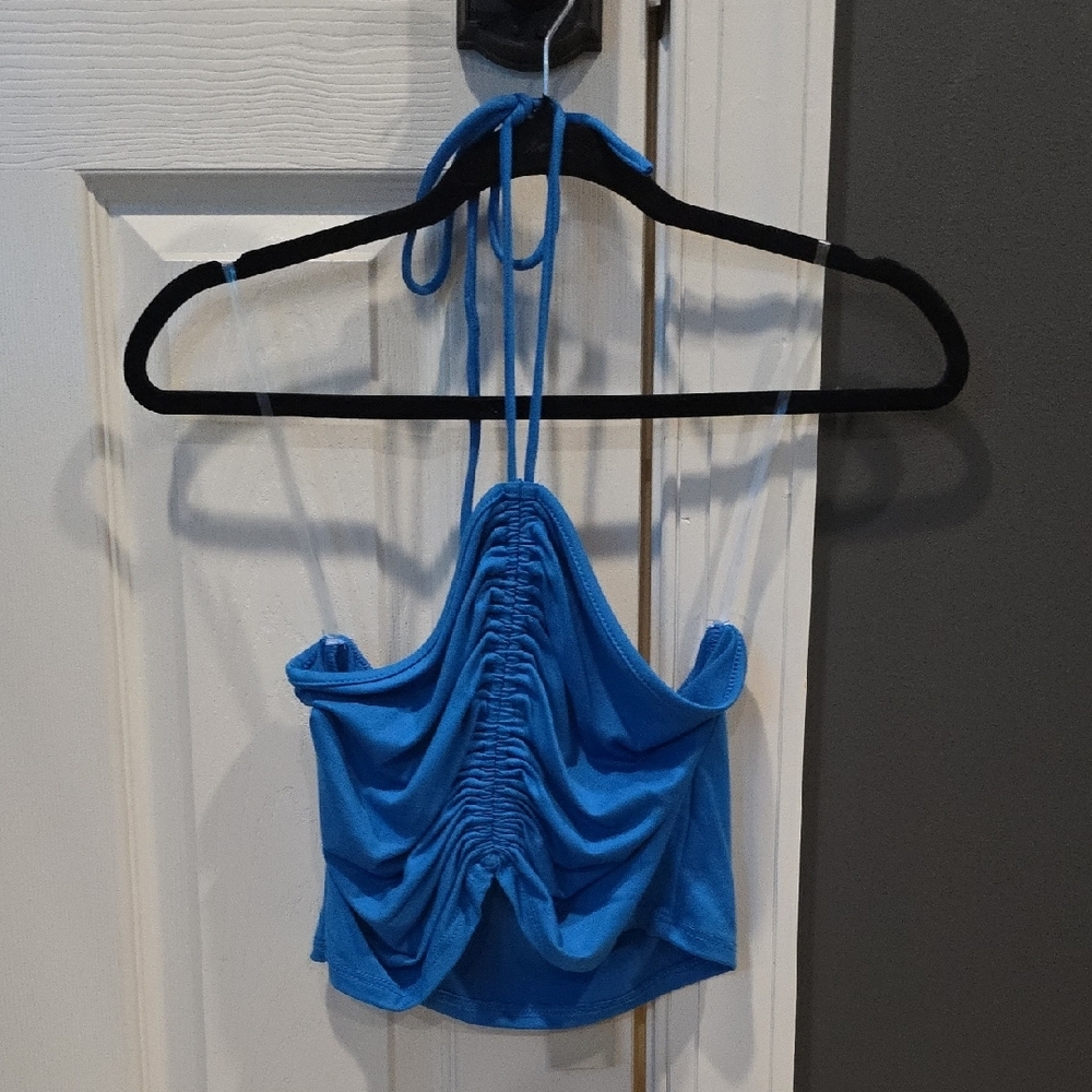 Blue Ruched Halter Top